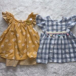 Two Pippa & Julie Girls 18m Dresses Blue White Gingham Pompom Yellow Floral